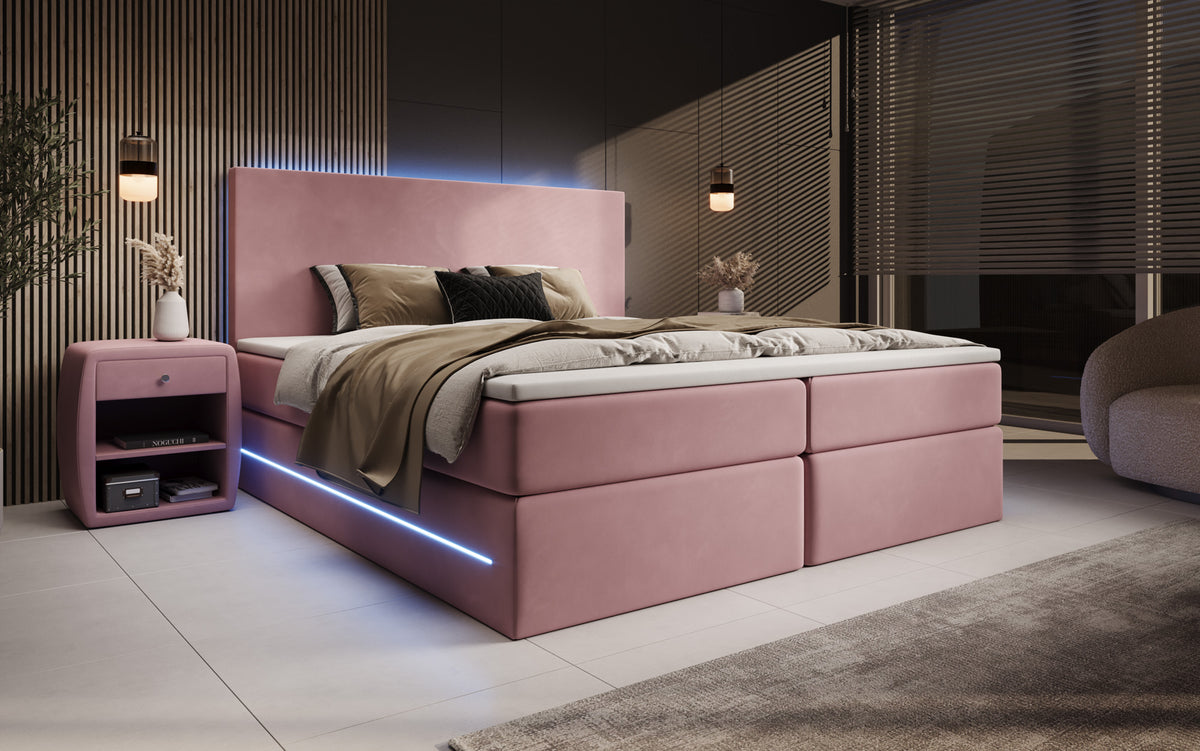 Boxspringbed Voyage met LED en opbergruimte in Fluweel
