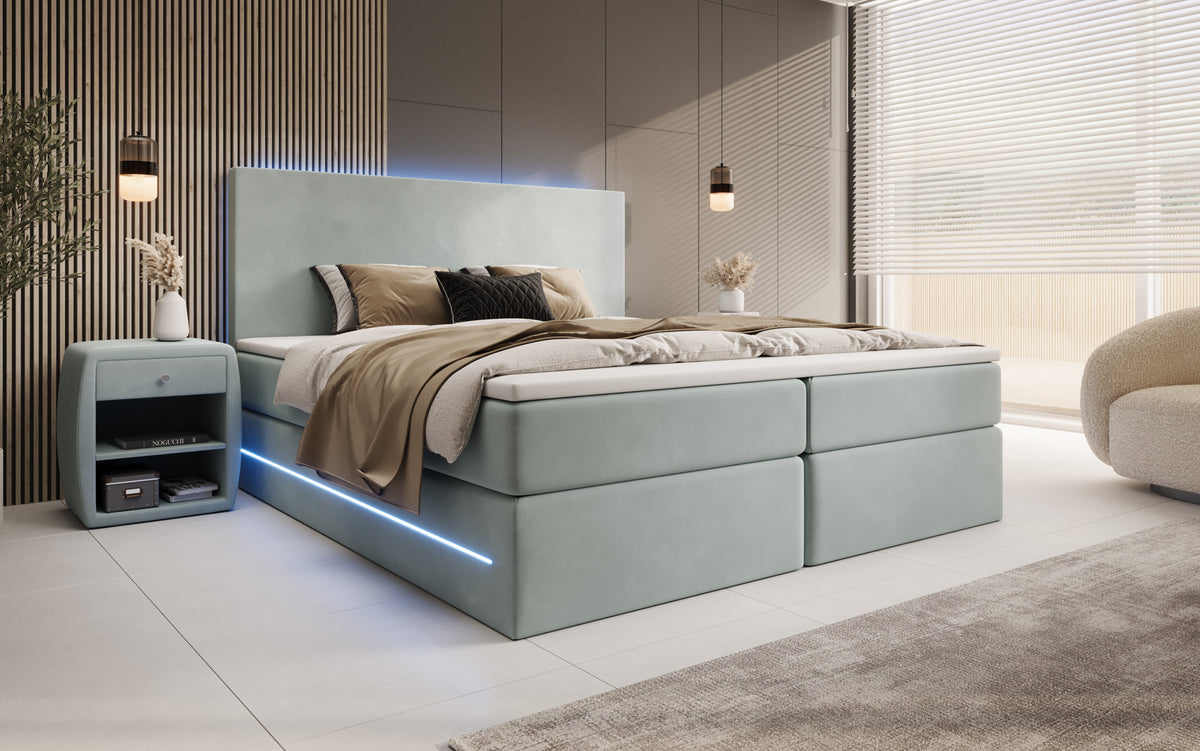 Boxspringbed Voyage met LED en opbergruimte in Fluweel