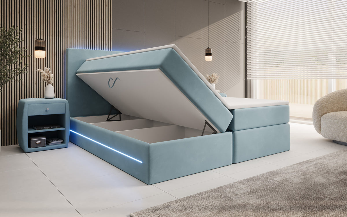Boxspringbed Voyage met LED en opbergruimte in Fluweel
