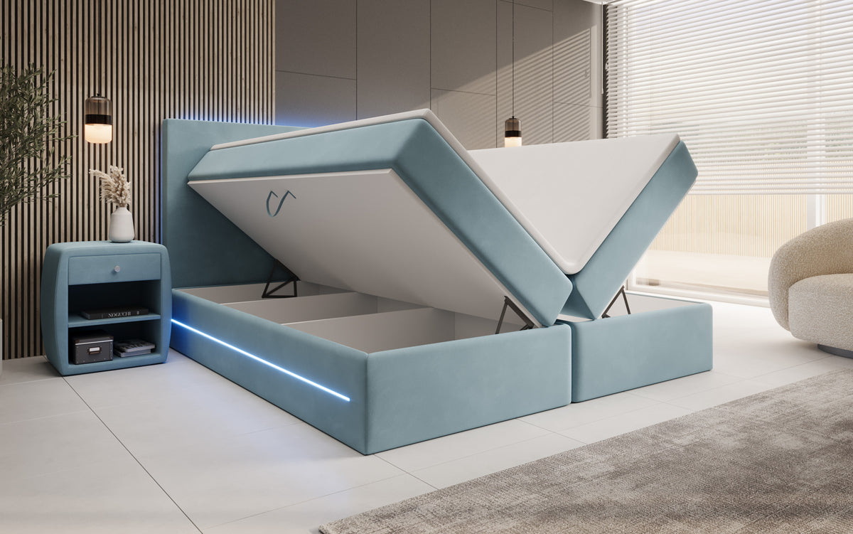 Boxspringbed Voyage met LED en opbergruimte in Fluweel