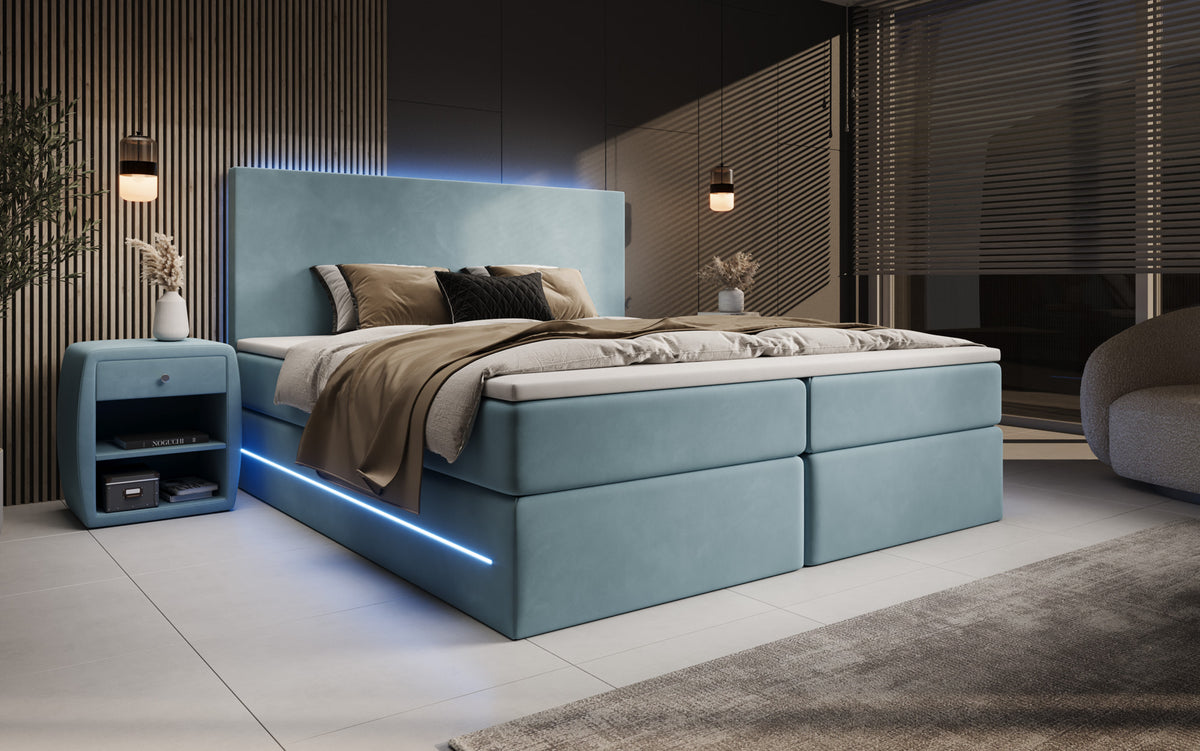 Boxspringbed Voyage met LED en opbergruimte in Fluweel