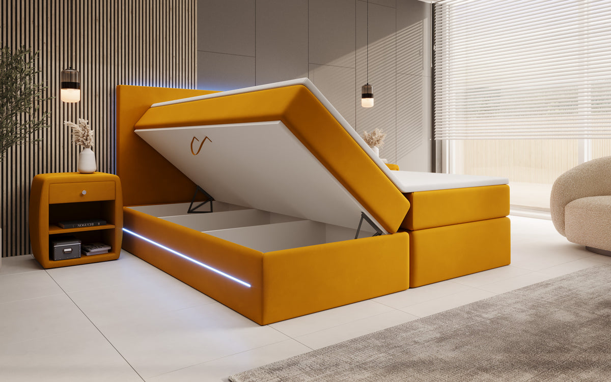 Boxspringbed Voyage met LED en opbergruimte in Fluweel