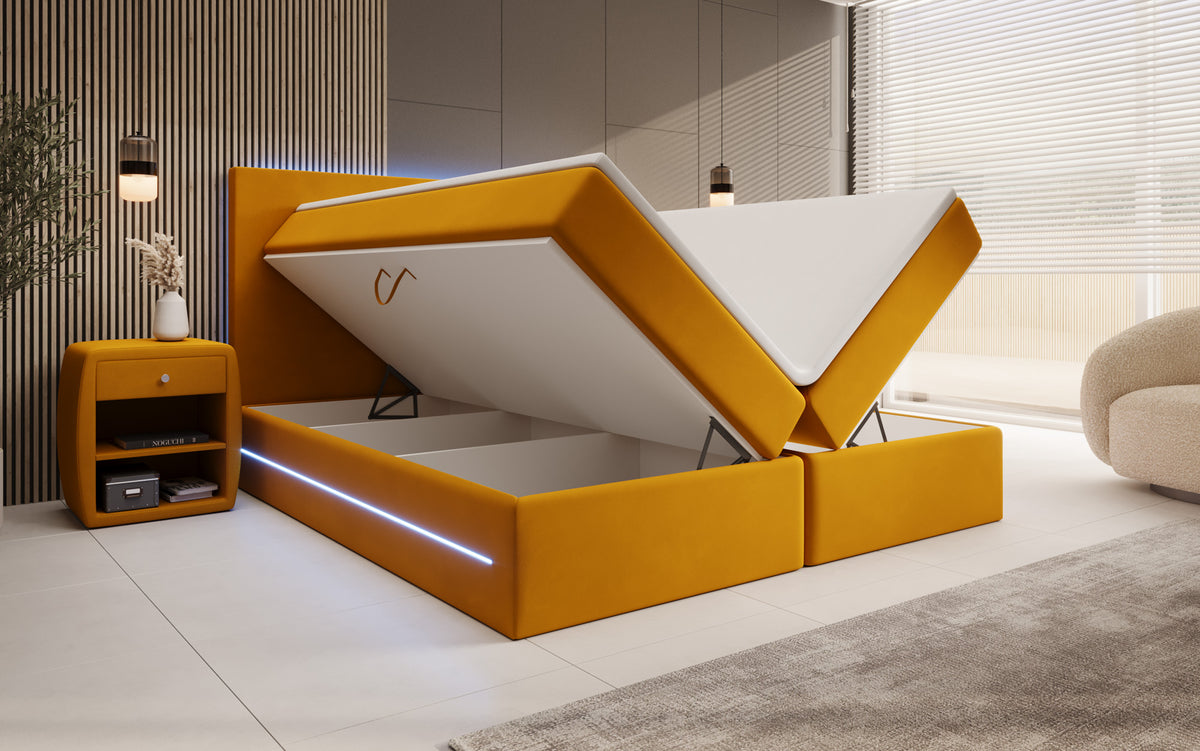 Boxspringbed Voyage met LED en opbergruimte in Fluweel