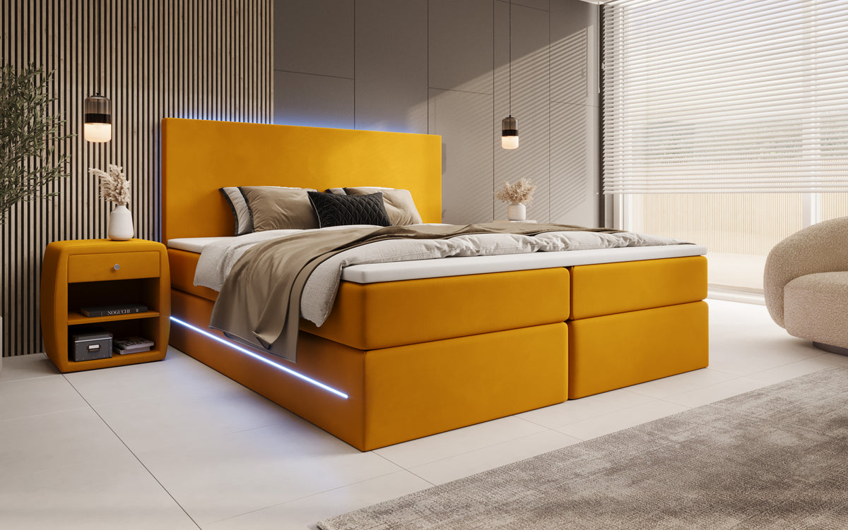 Boxspringbed Voyage met LED en opbergruimte in Fluweel