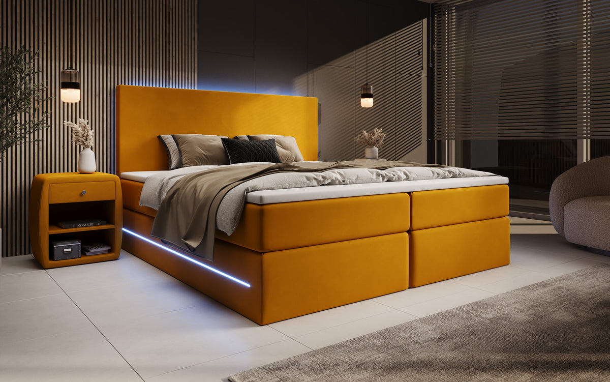 Boxspringbed Voyage met LED en opbergruimte in Fluweel