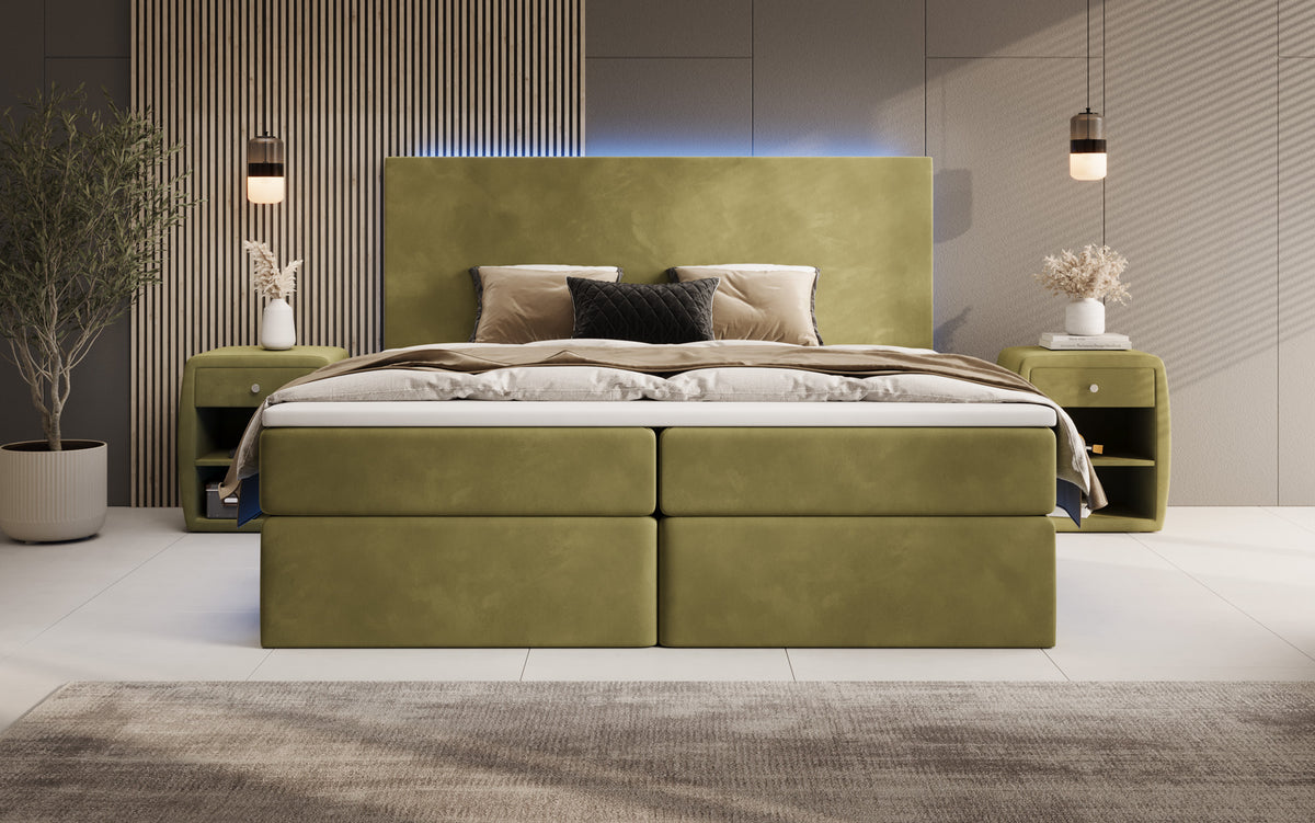 Boxspringbed Voyage met LED en opbergruimte in Fluweel