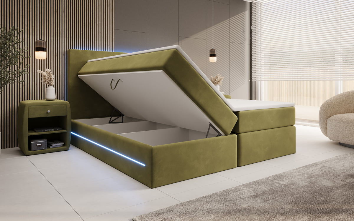 Boxspringbed Voyage met LED en opbergruimte in Fluweel