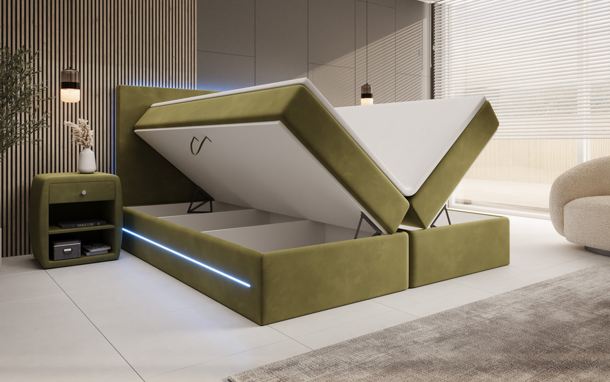 Boxspringbed Voyage met LED en opbergruimte in Fluweel