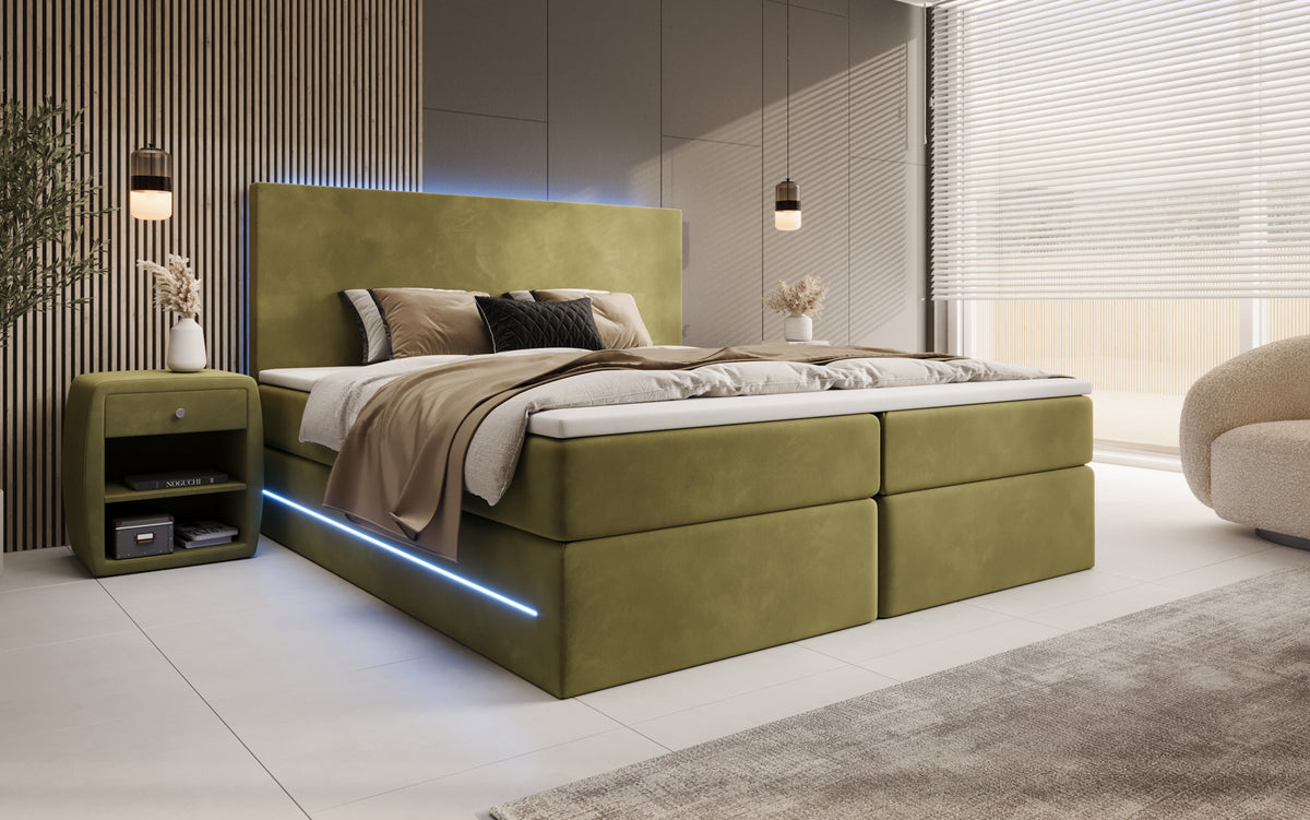 Boxspringbed Voyage met LED en opbergruimte in Fluweel