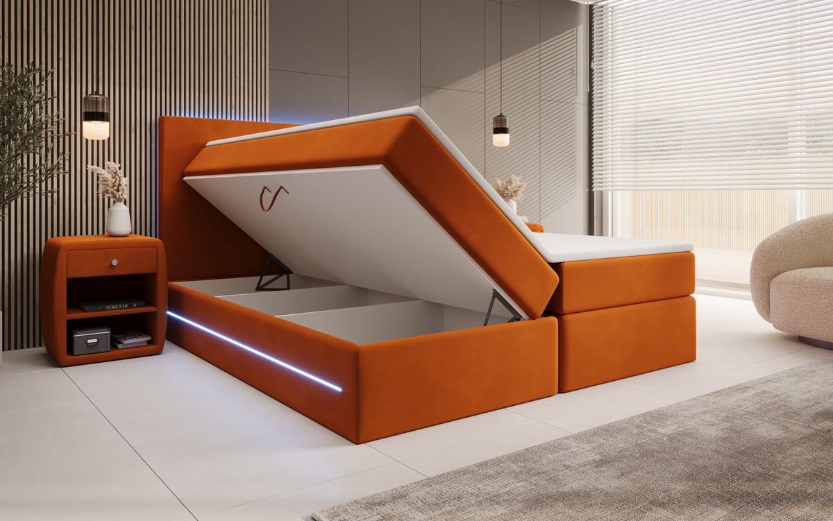 Boxspringbed Voyage met LED en opbergruimte in Fluweel