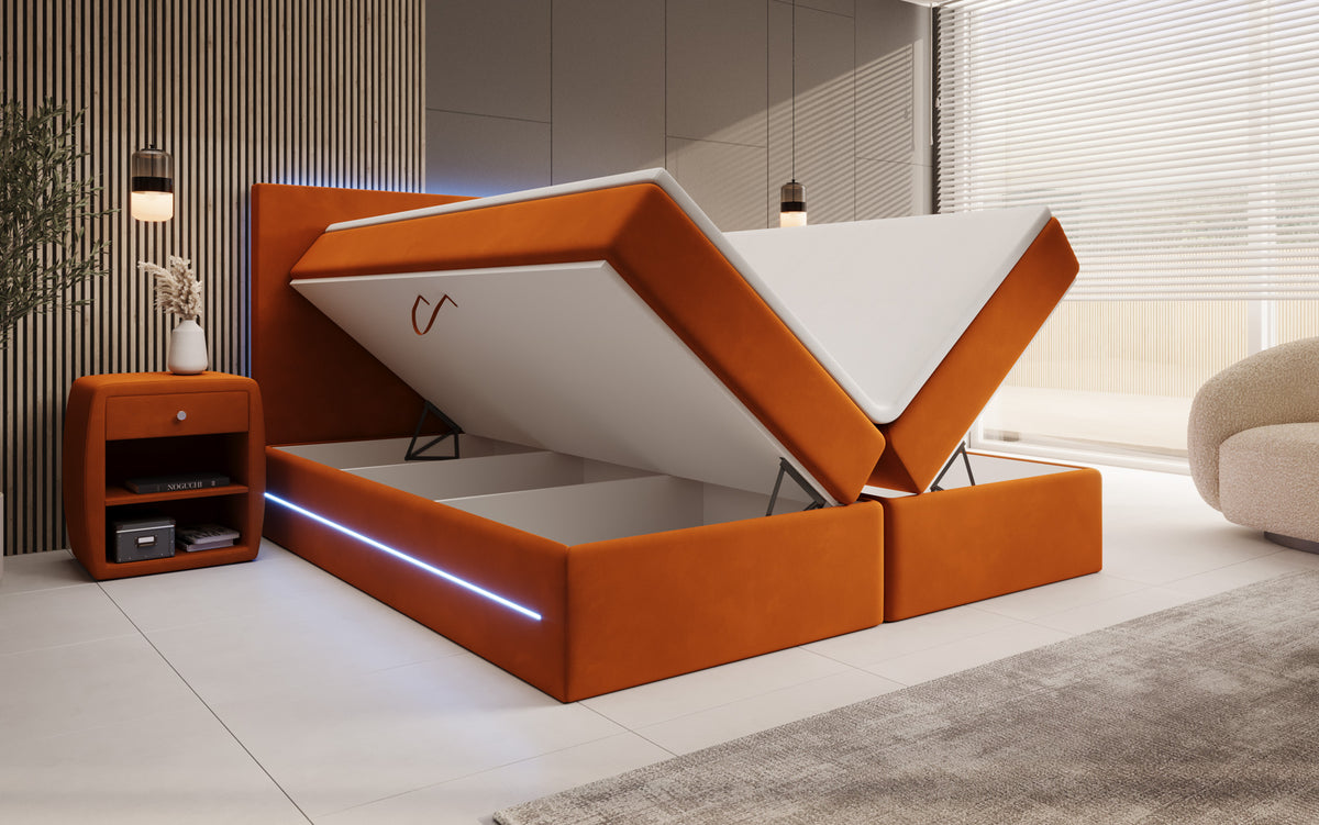 Boxspringbed Voyage met LED en opbergruimte in Fluweel