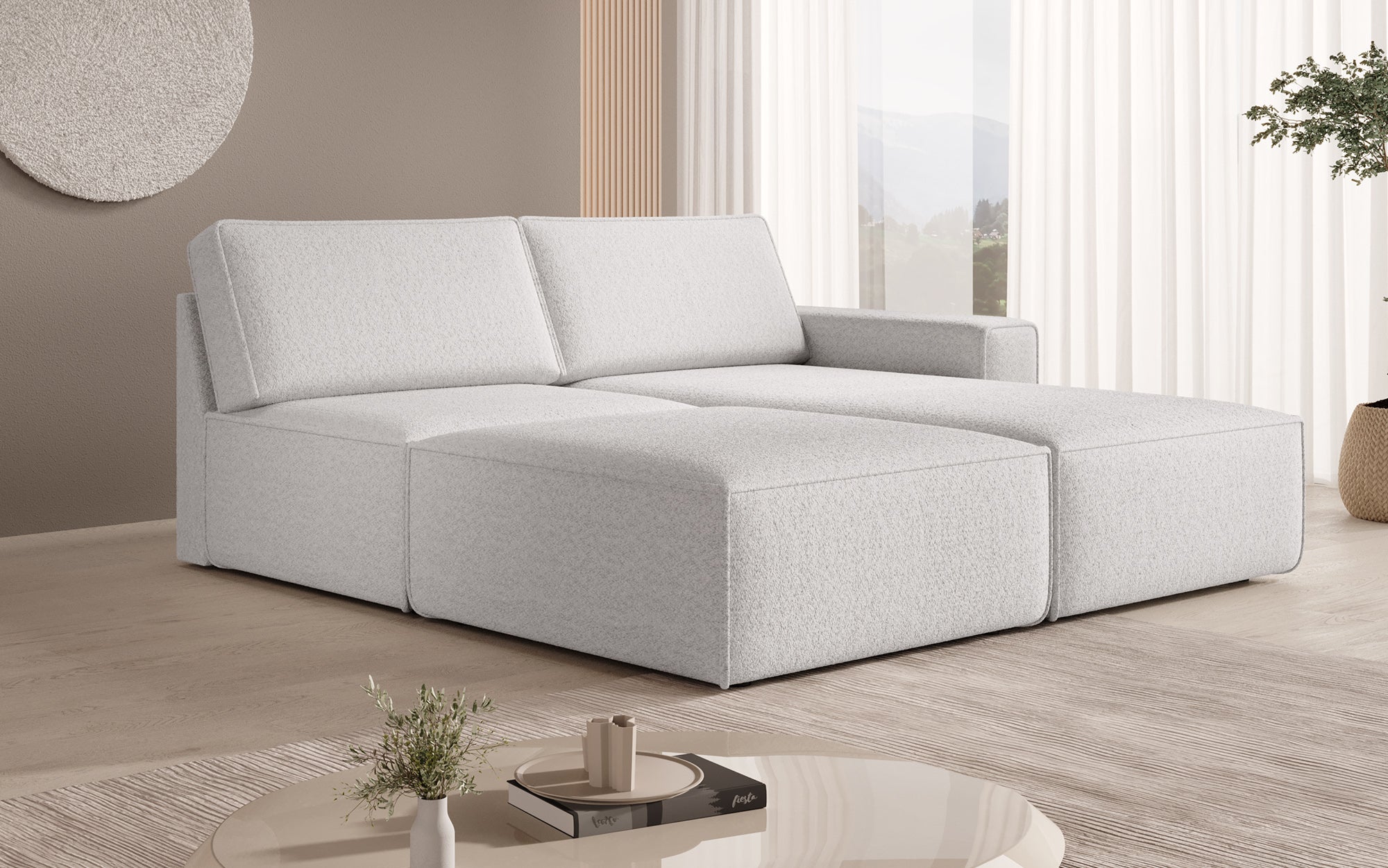 Modulares Ecksofa Yuma mit Beistellhocker aus Bouclé