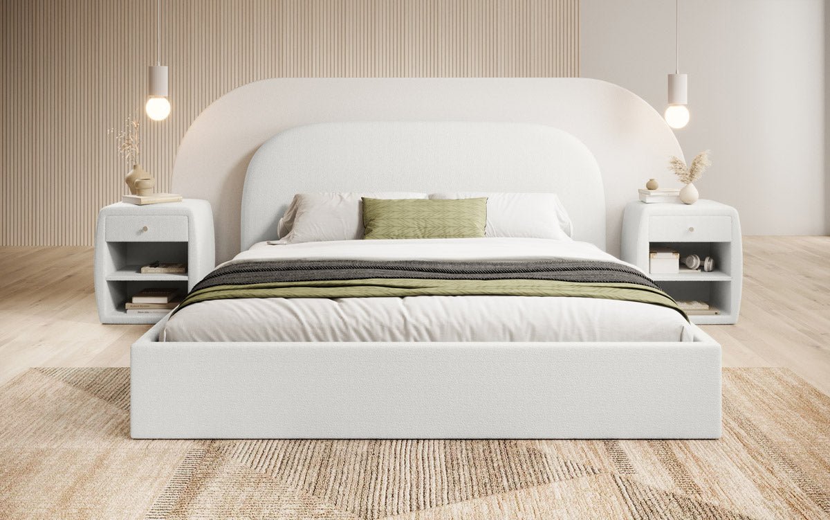 Designer gestoffeerd bed Lorelei in bouclé met opbergruimte