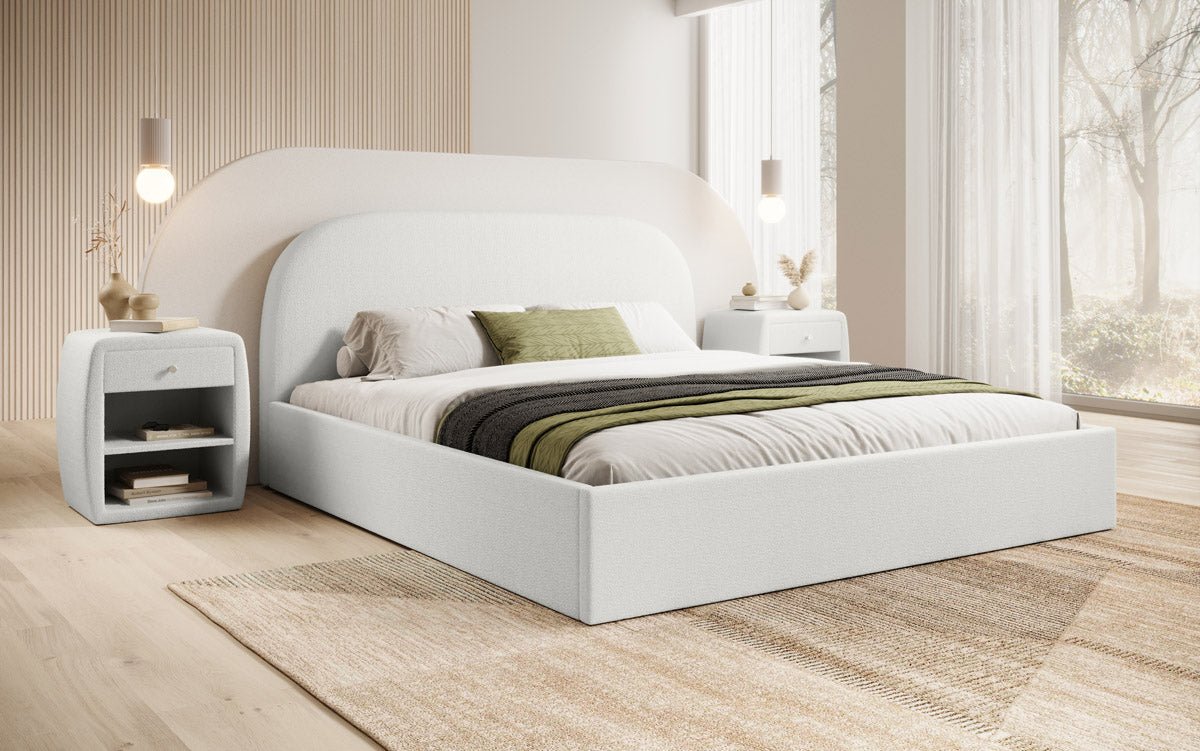 Designer gestoffeerd bed Lorelei in bouclé met opbergruimte
