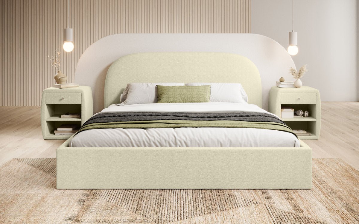 Designer gestoffeerd bed Lorelei in bouclé met opbergruimte