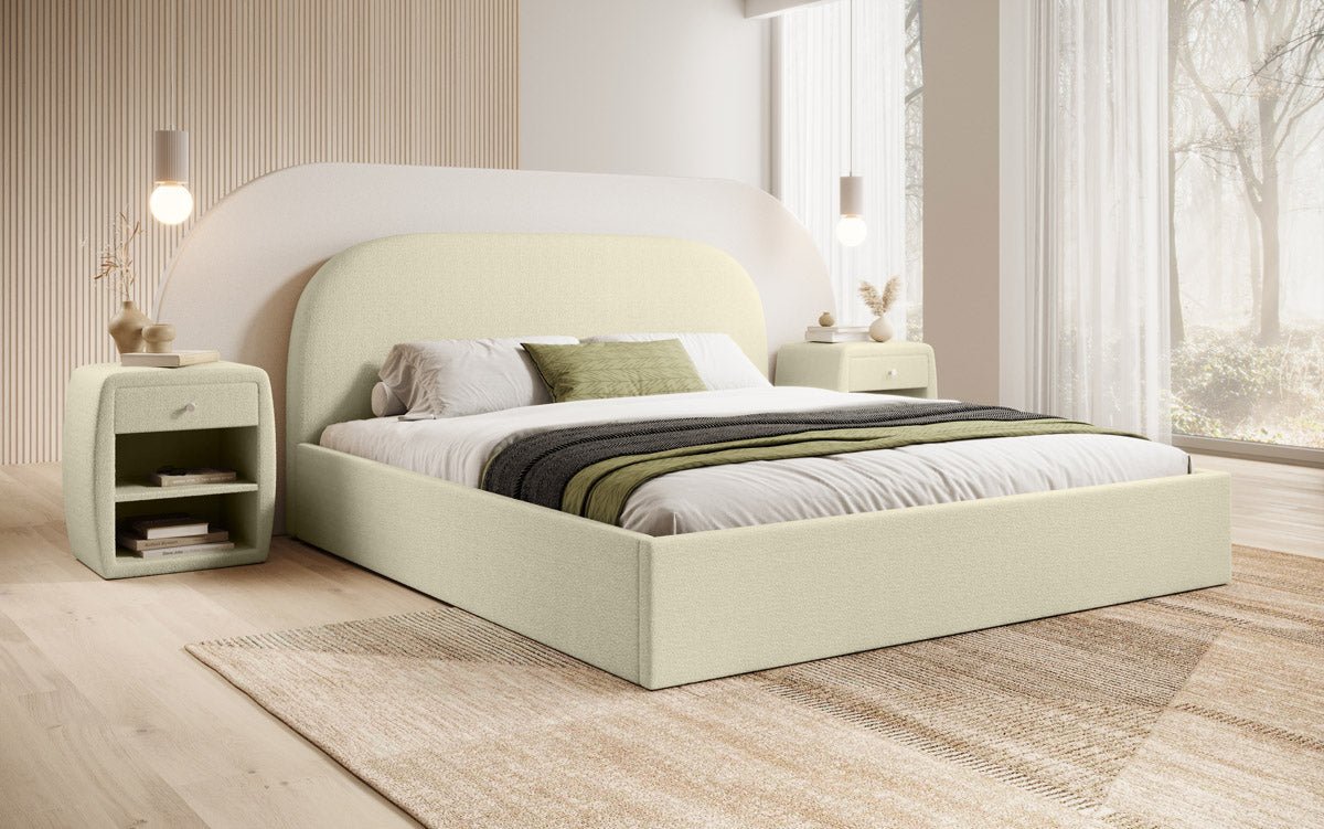 Designer gestoffeerd bed Lorelei in bouclé met opbergruimte