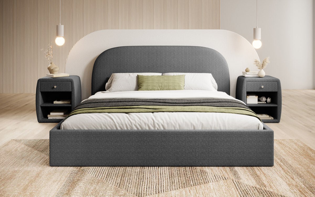 Designer gestoffeerd bed Lorelei in bouclé met opbergruimte