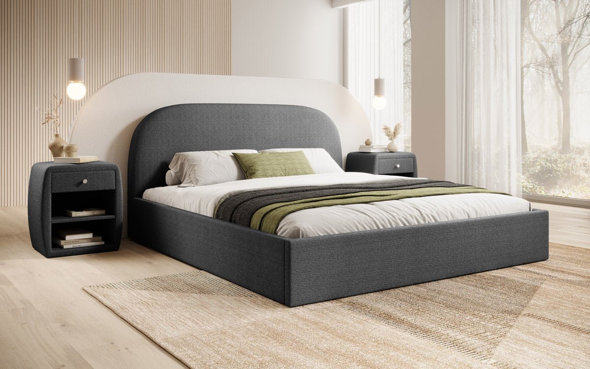 Designer gestoffeerd bed Lorelei in bouclé met opbergruimte