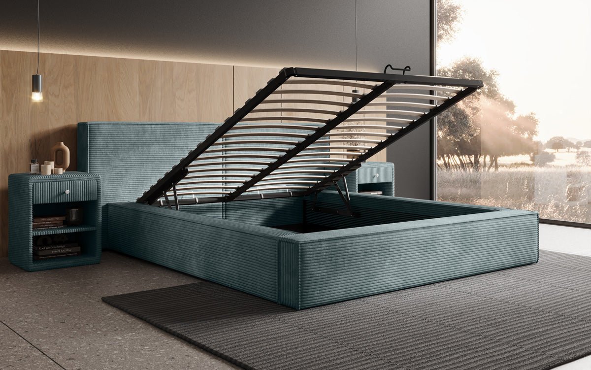 Designer gestoffeerd bed Ophelia in corduroy met opbergruimte