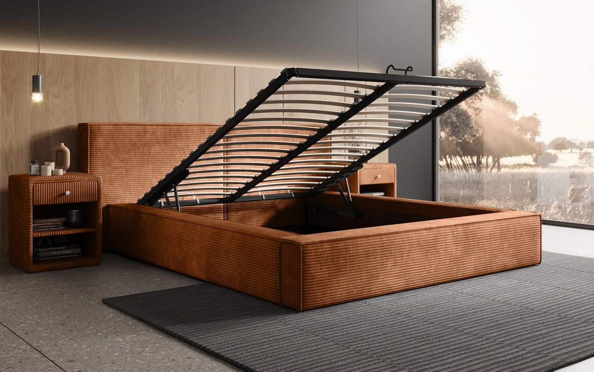 Designer gestoffeerd bed Ophelia in corduroy met opbergruimte