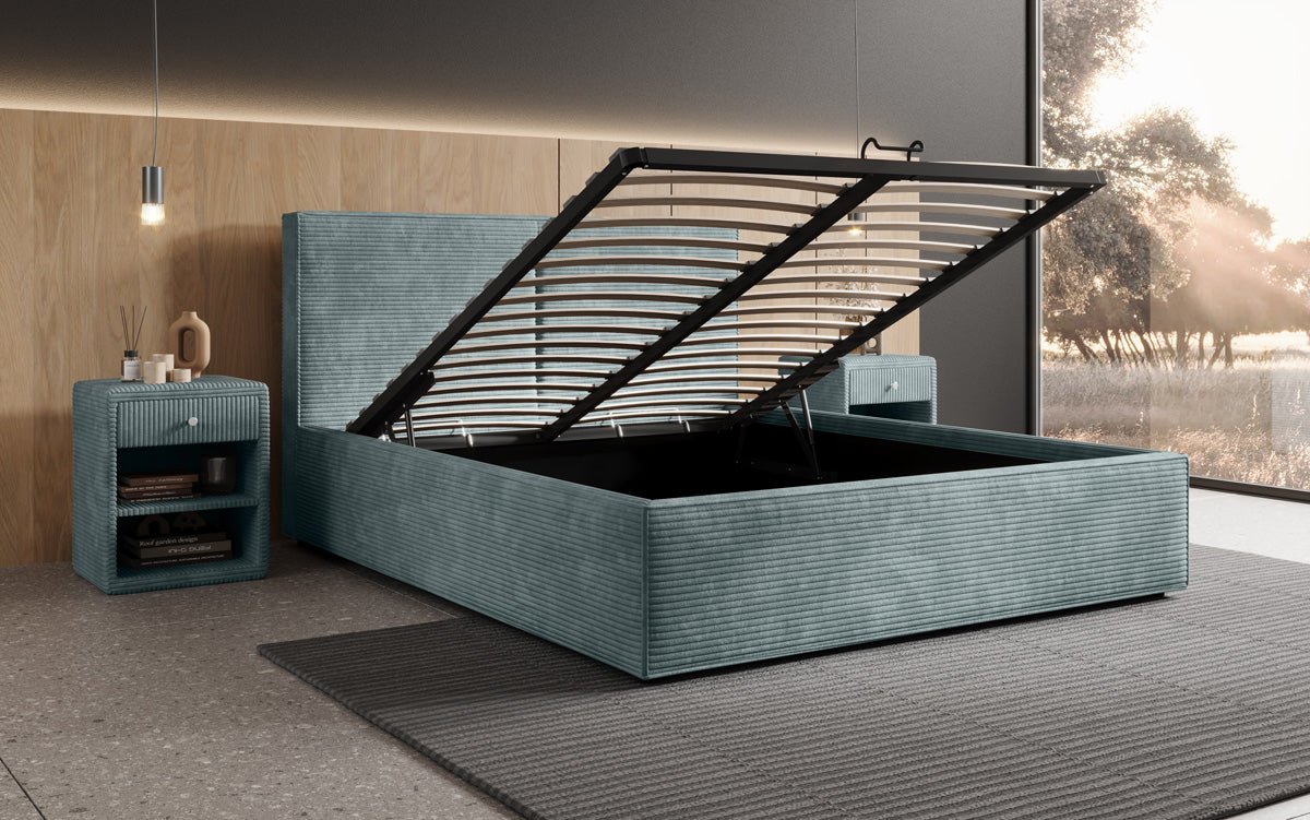 Designer gestoffeerd bed Elara in corduroy met opbergruimte