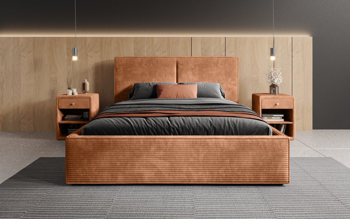 Designer gestoffeerd bed Elara in corduroy met opbergruimte