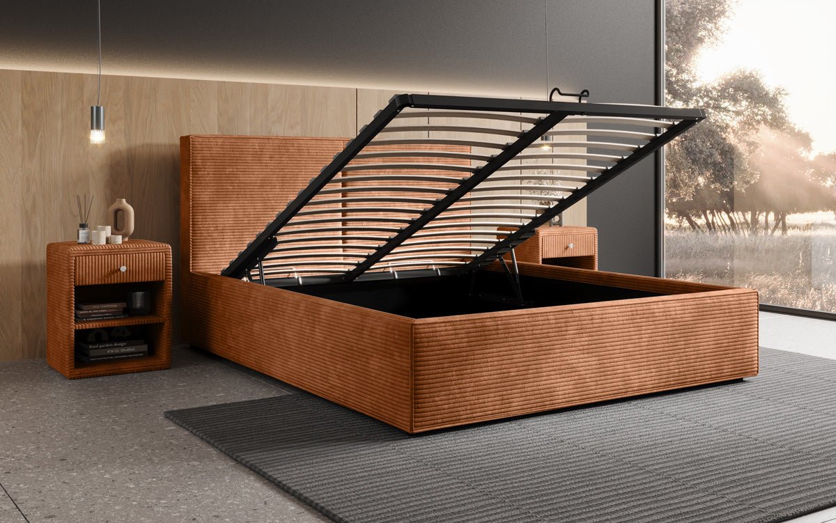 Designer gestoffeerd bed Elara in corduroy met opbergruimte