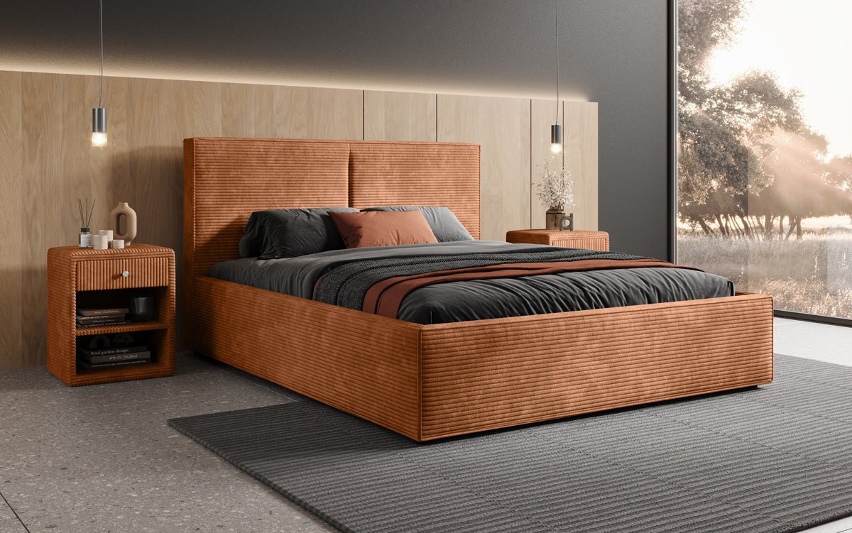 Designer gestoffeerd bed Elara in corduroy met opbergruimte