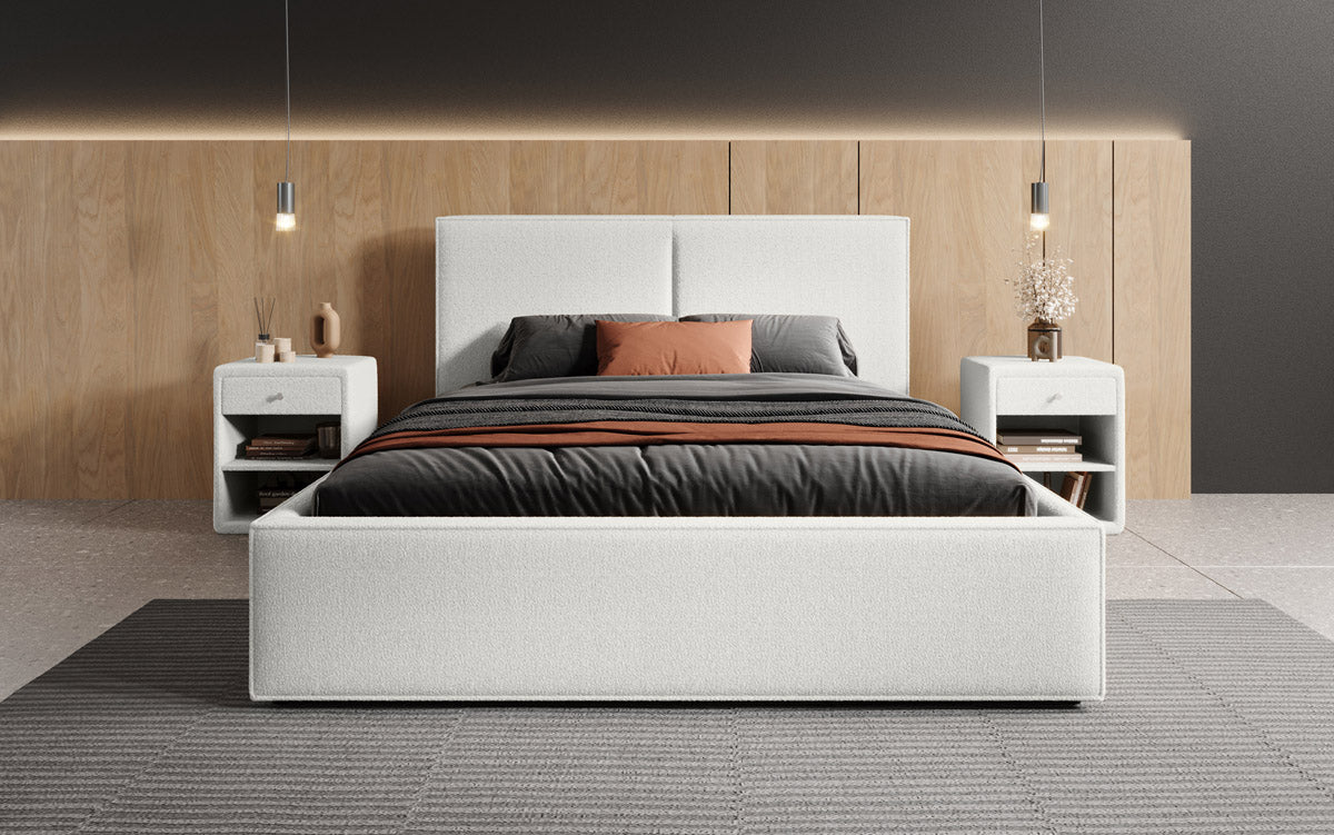 Designer gestoffeerd bed Elara in bouclé met opbergruimte