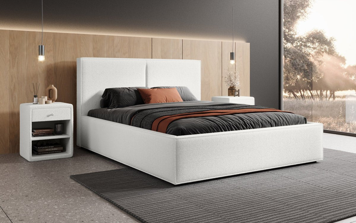 Designer gestoffeerd bed Elara in bouclé met opbergruimte