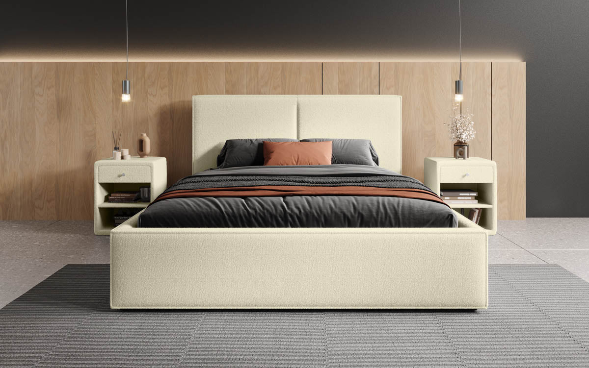 Designer gestoffeerd bed Elara in bouclé met opbergruimte