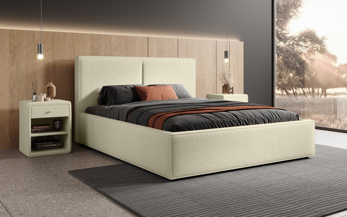 Designer gestoffeerd bed Elara in bouclé met opbergruimte
