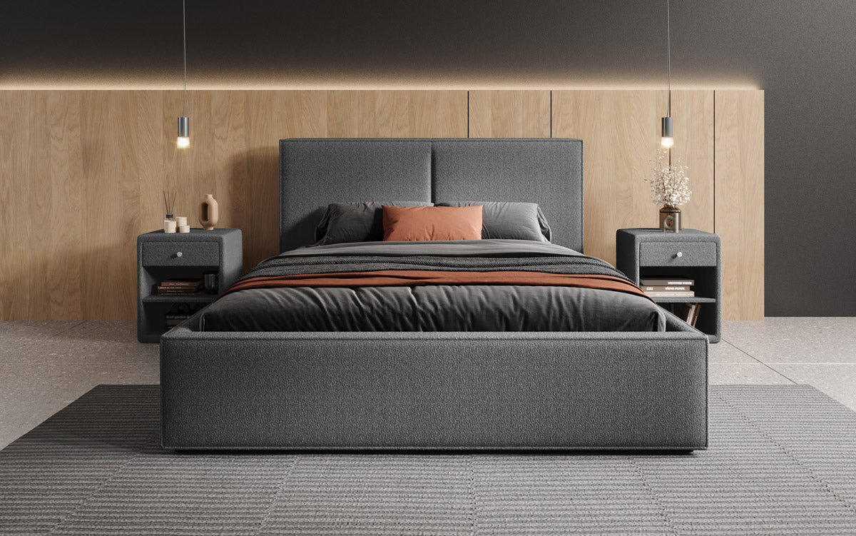 Designer gestoffeerd bed Elara in bouclé met opbergruimte