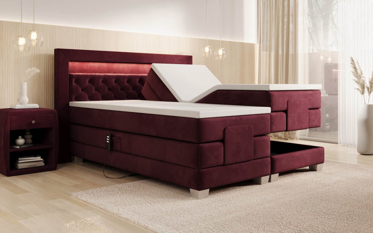 Boxspringbed Velora van fluweel, elektrisch verstelbaar met LED