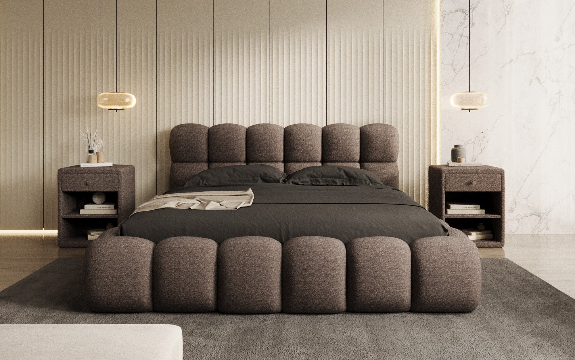 Designer gestoffeerd bed Boston Bouclé met opbergruimte