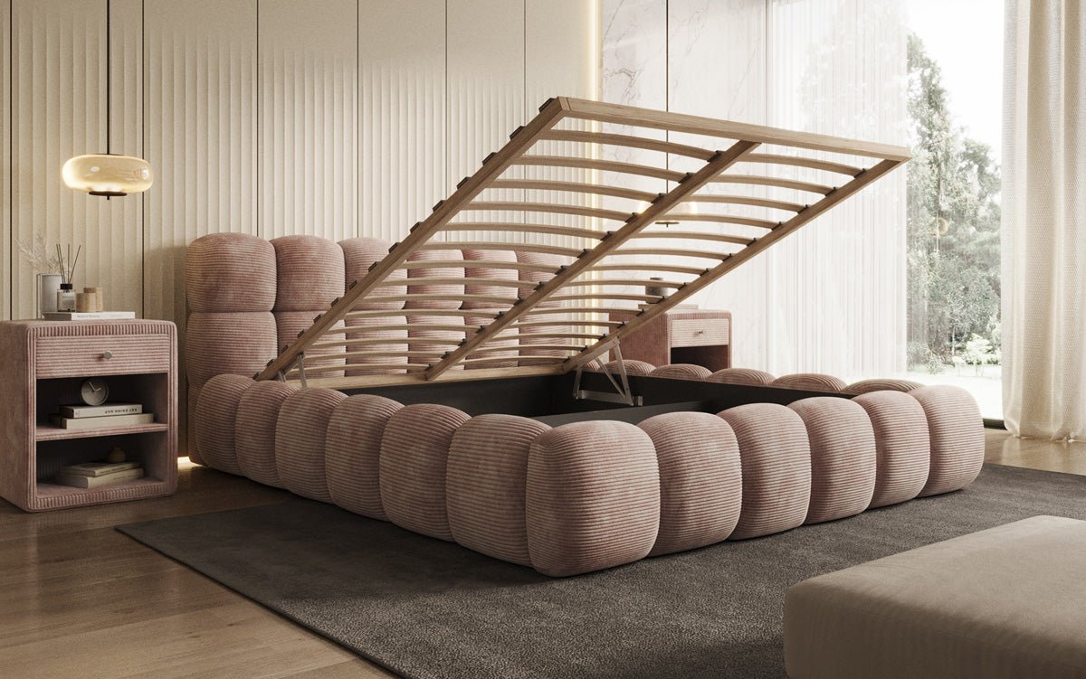Designer Polsterbett Boston Ribstof met opbergruimte