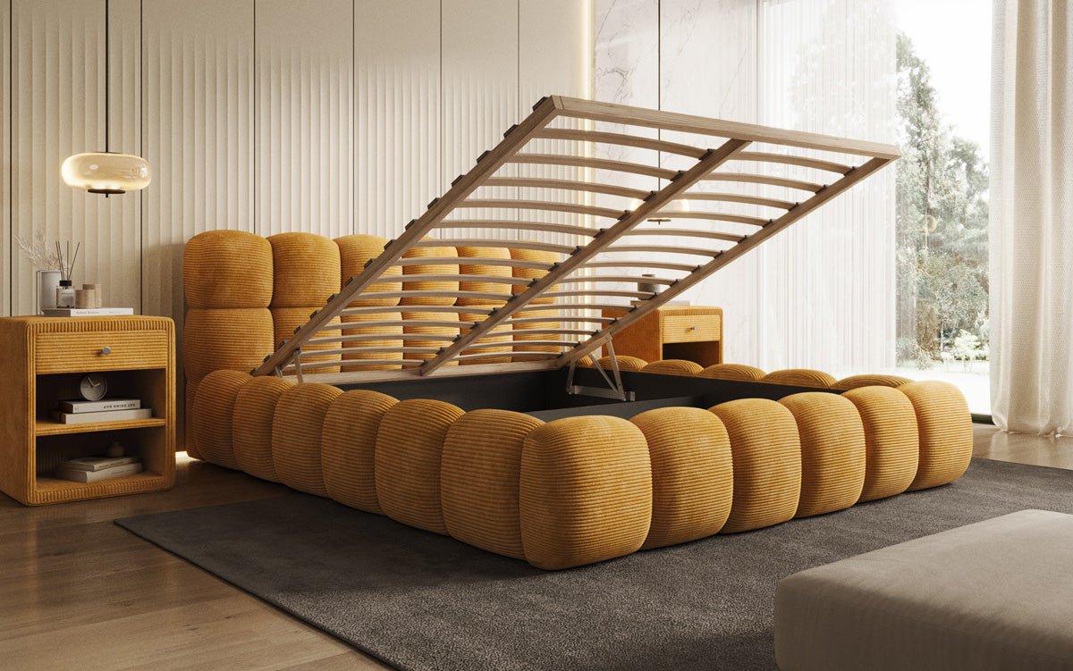 Designer Polsterbett Boston Ribstof met opbergruimte