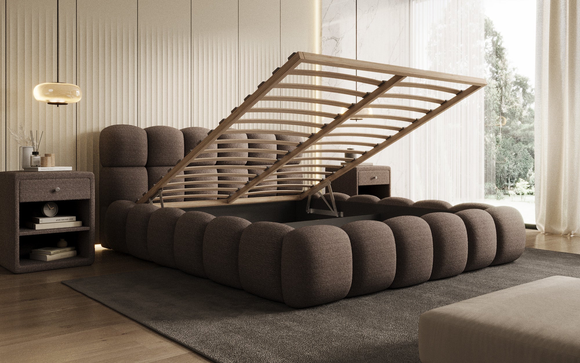 Designer gestoffeerd bed Boston Bouclé met opbergruimte