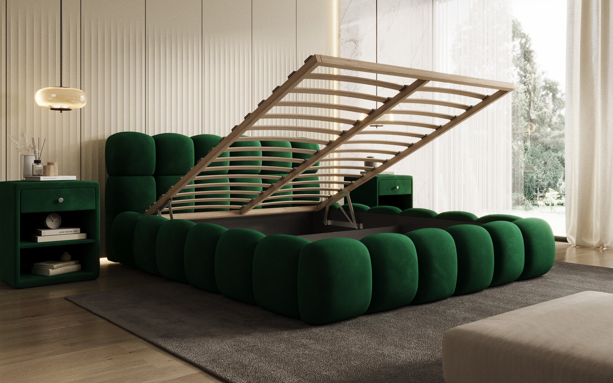 Designer gestoffeerd bed Boston Fluweel met opbergruimte