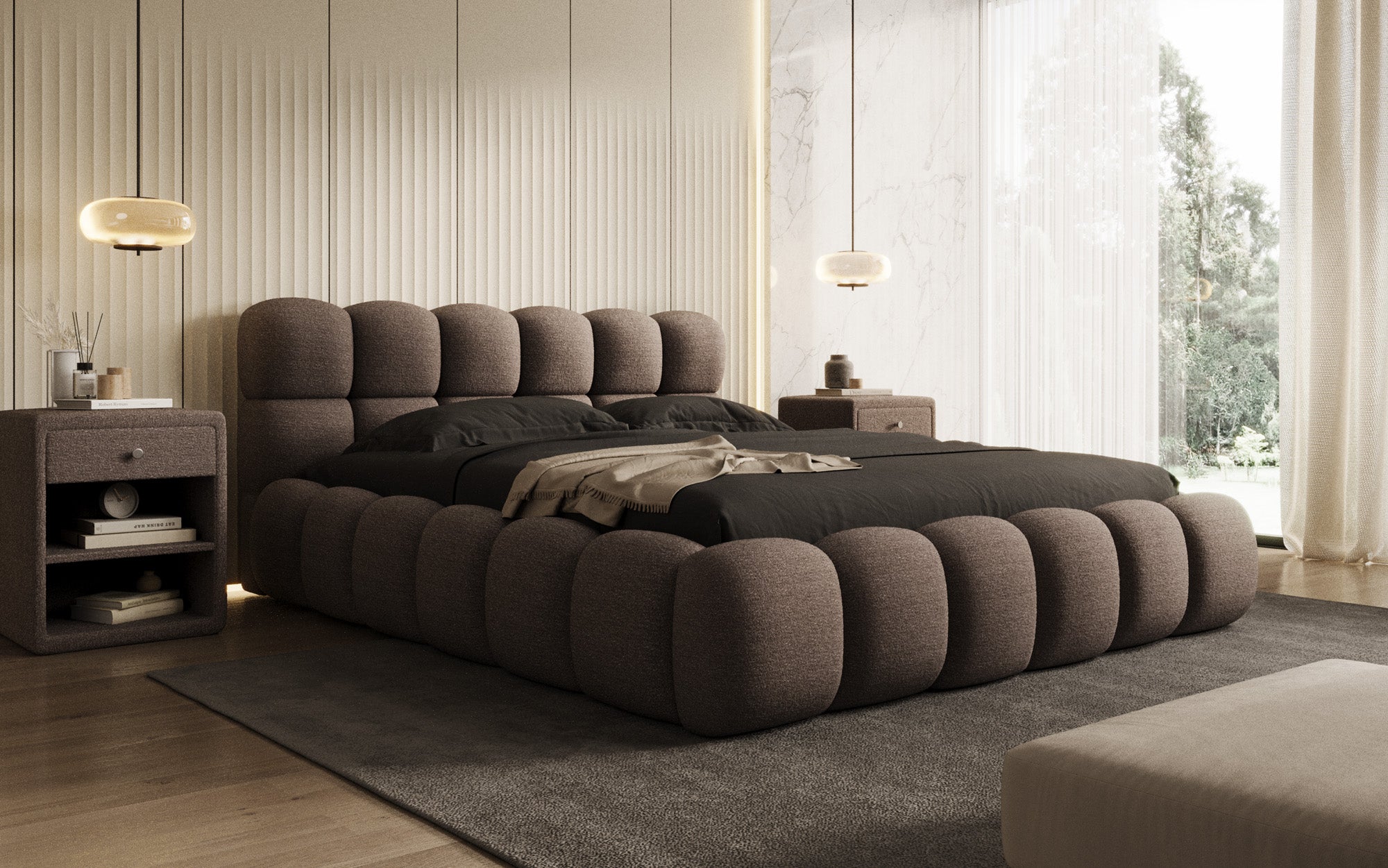 Designer gestoffeerd bed Boston Bouclé met opbergruimte