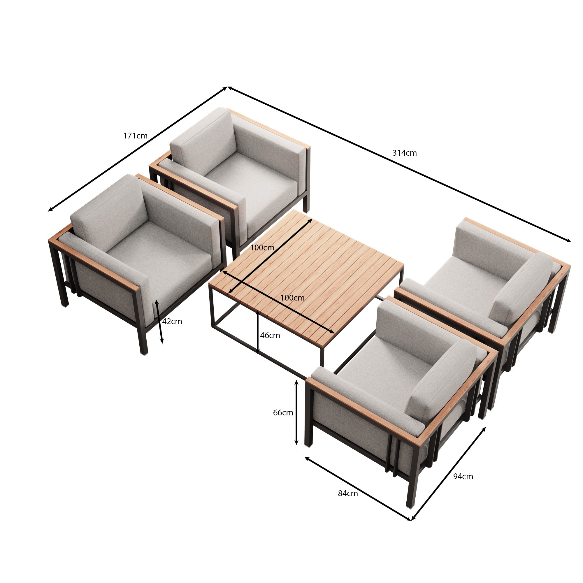Euphoria – 4 loungestoelen & tafel van aluminium | Aevora™ Kollektion