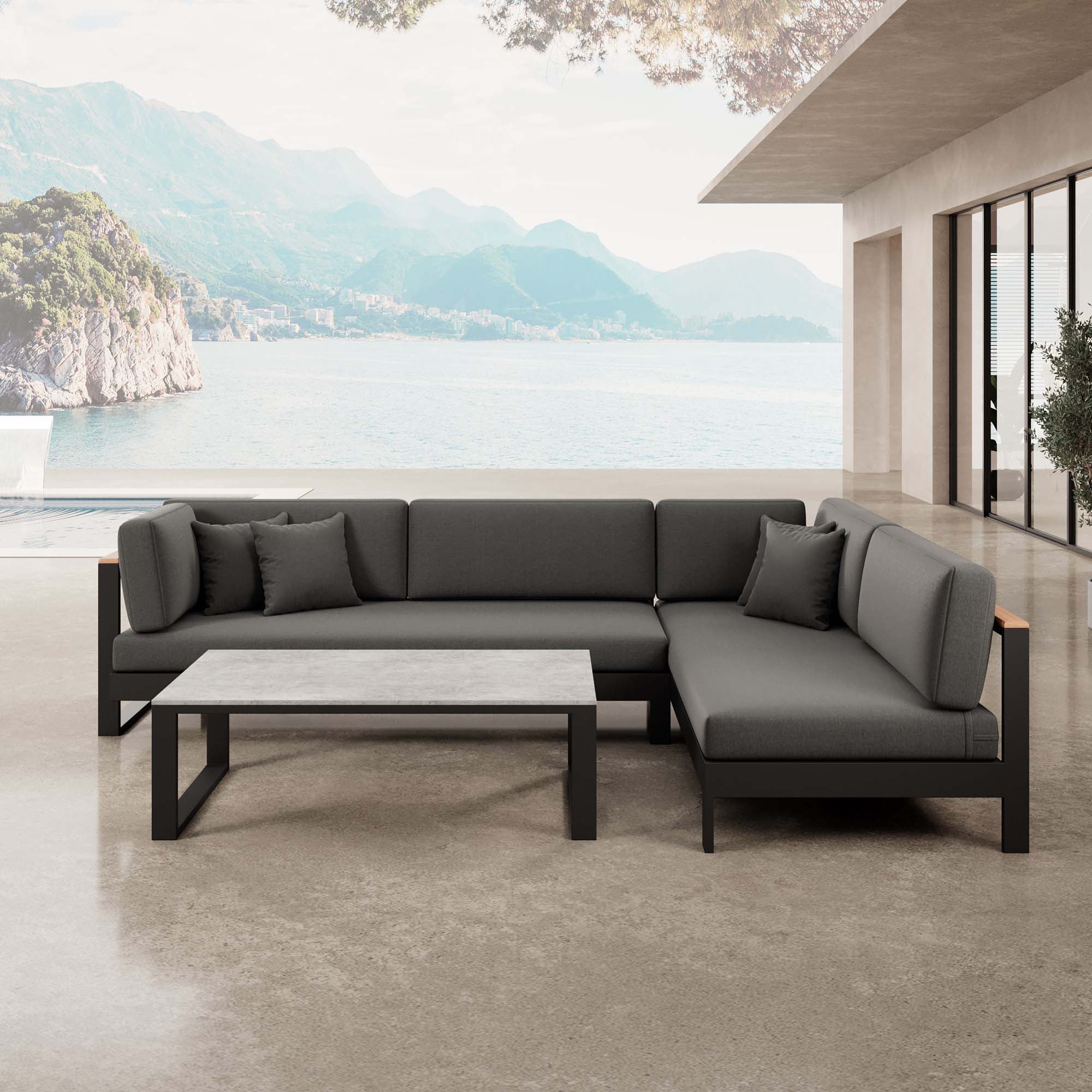 Vayla – Ecklounge, hoekbank & tafel van zwart aluminium | Aevora™ Kollektion