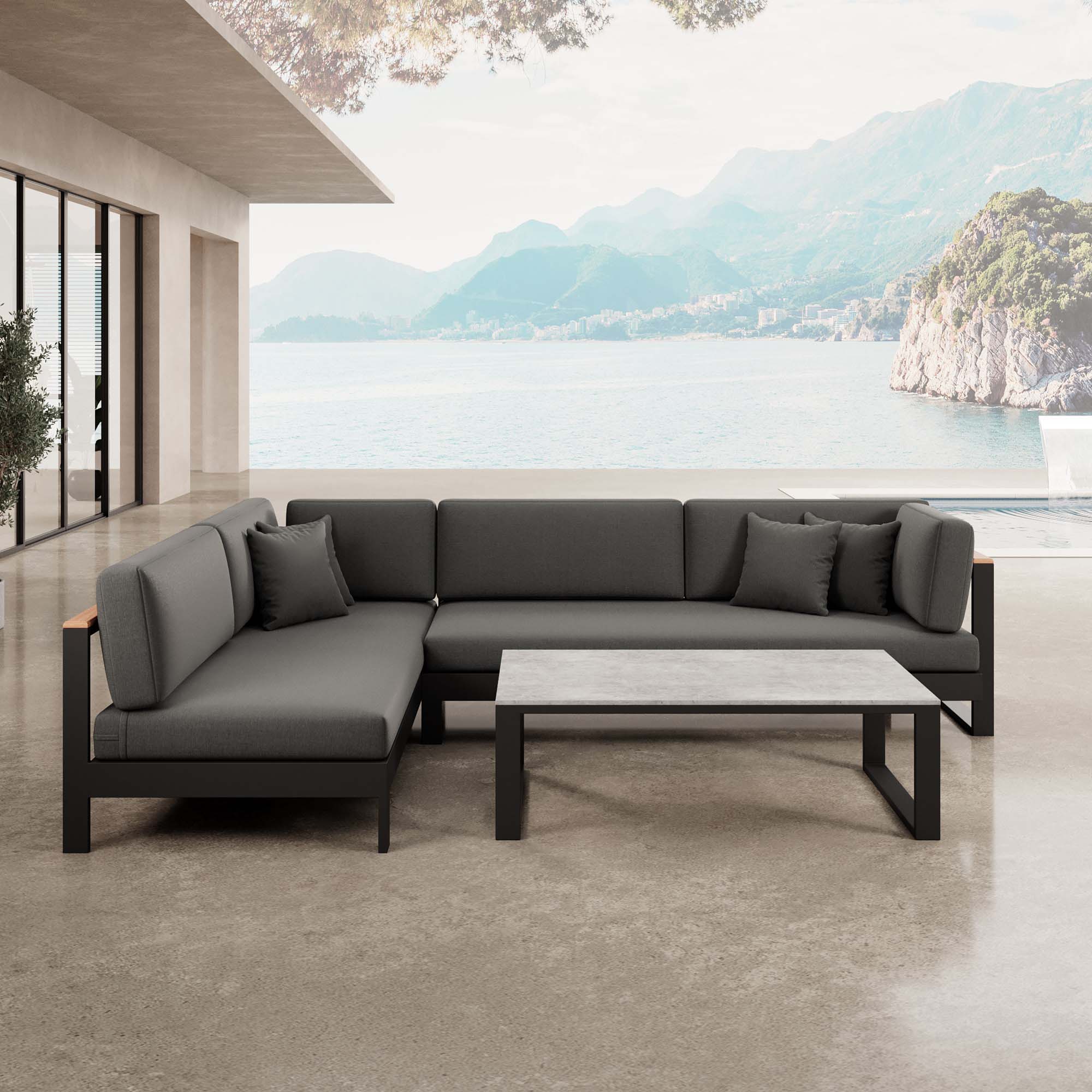Vayla – Ecklounge, hoekbank & tafel van zwart aluminium | Aevora™ Kollektion