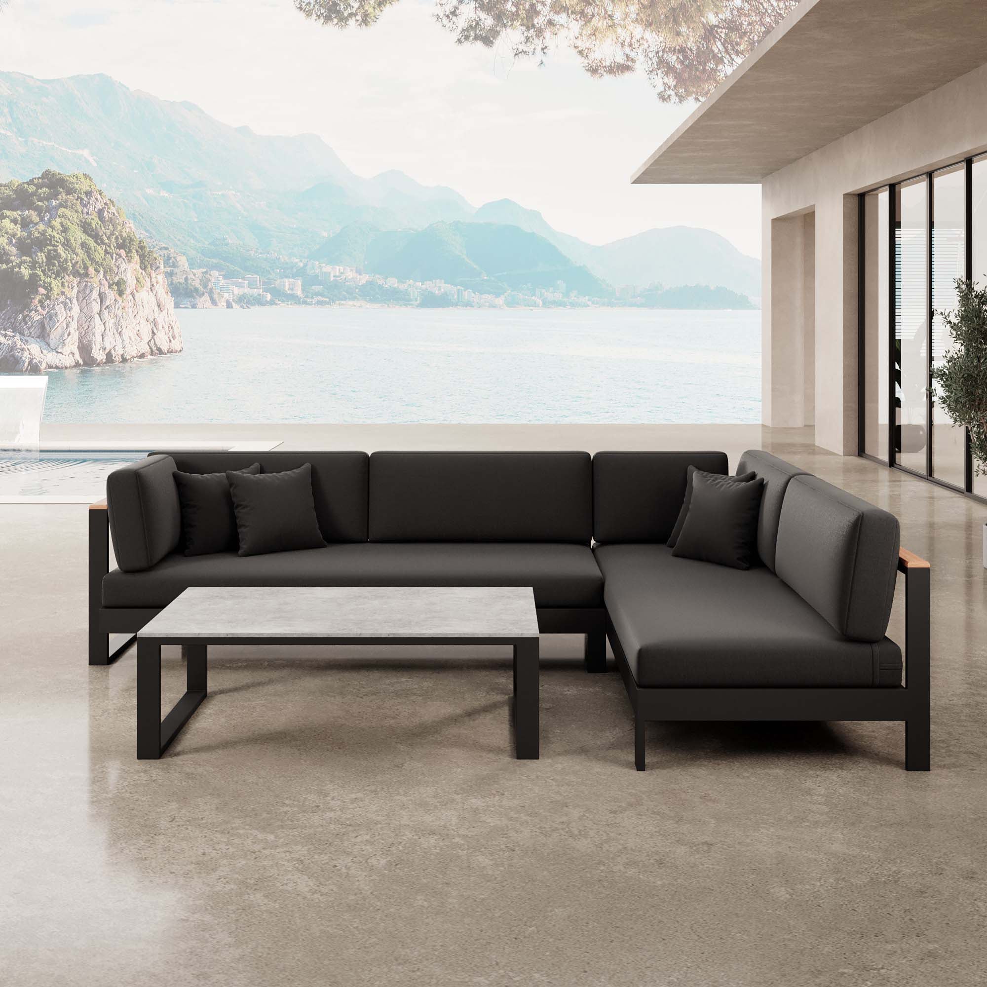 Vayla – Ecklounge, hoekbank & tafel van zwart aluminium | Aevora™ Kollektion