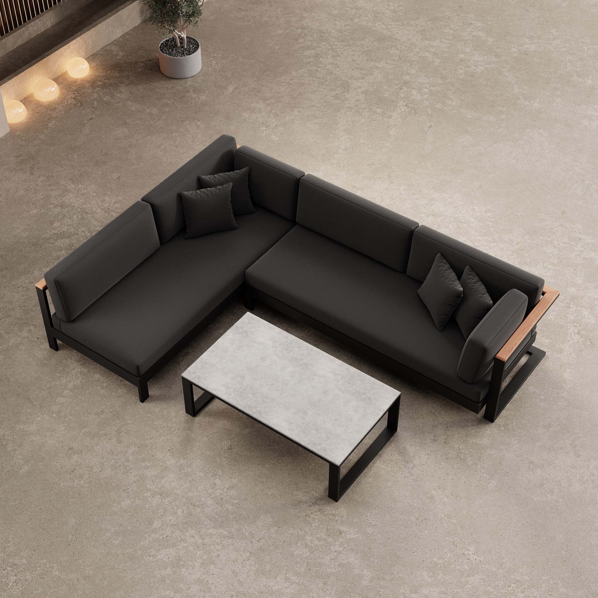 Vayla – Ecklounge, hoekbank & tafel van zwart aluminium | Aevora™ Kollektion