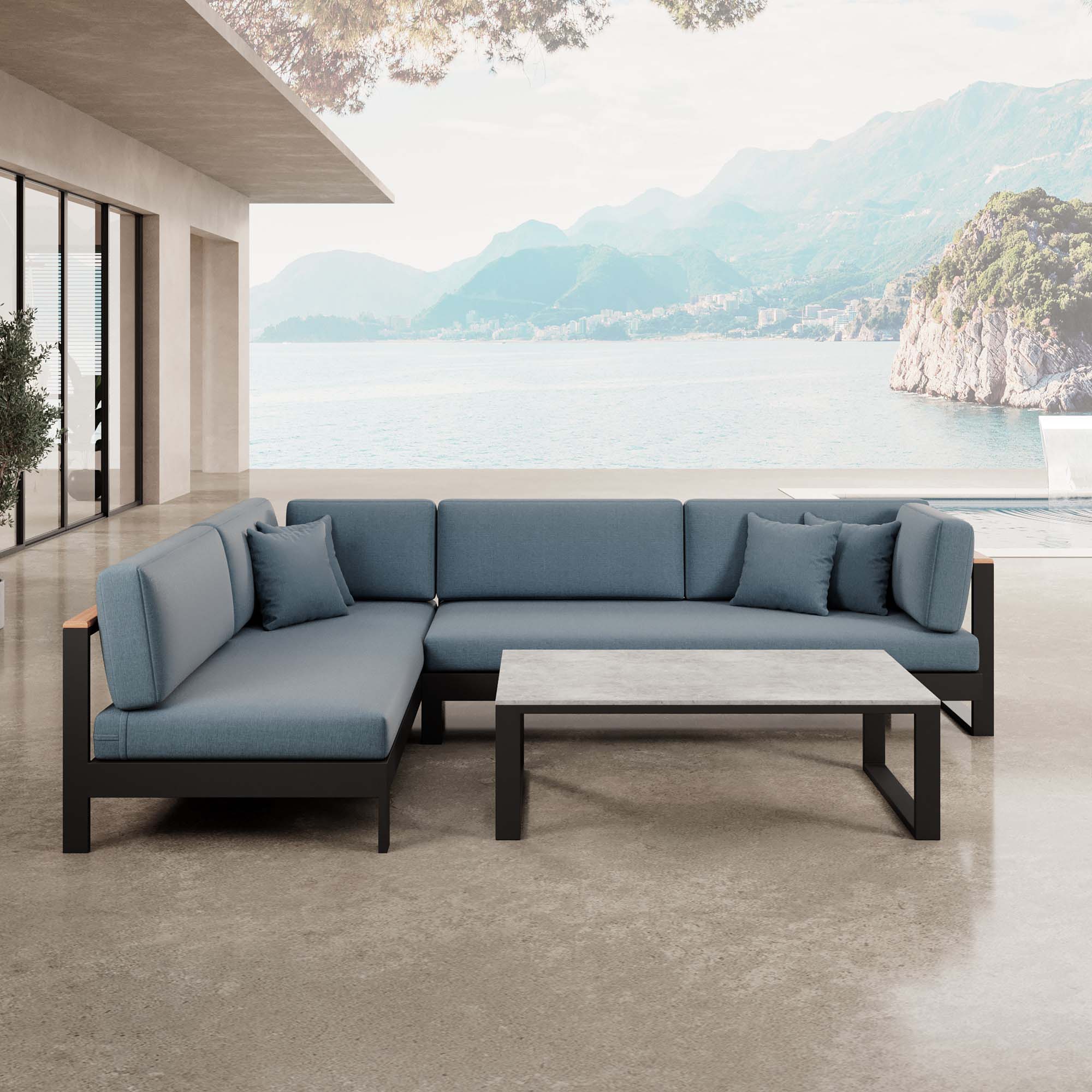 Vayla – Ecklounge, hoekbank & tafel van zwart aluminium | Aevora™ Kollektion