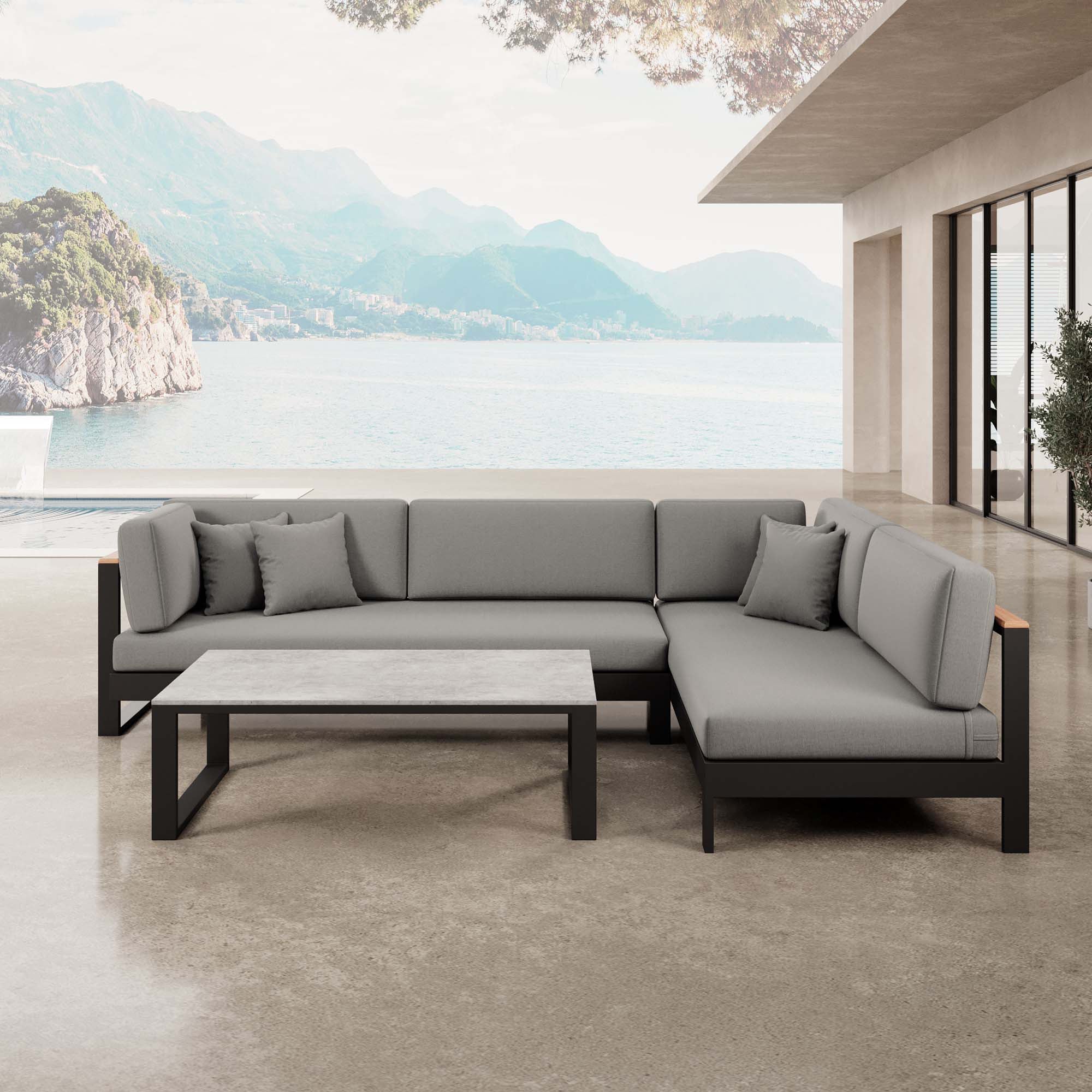 Vayla – Ecklounge, hoekbank & tafel van zwart aluminium | Aevora™ Kollektion