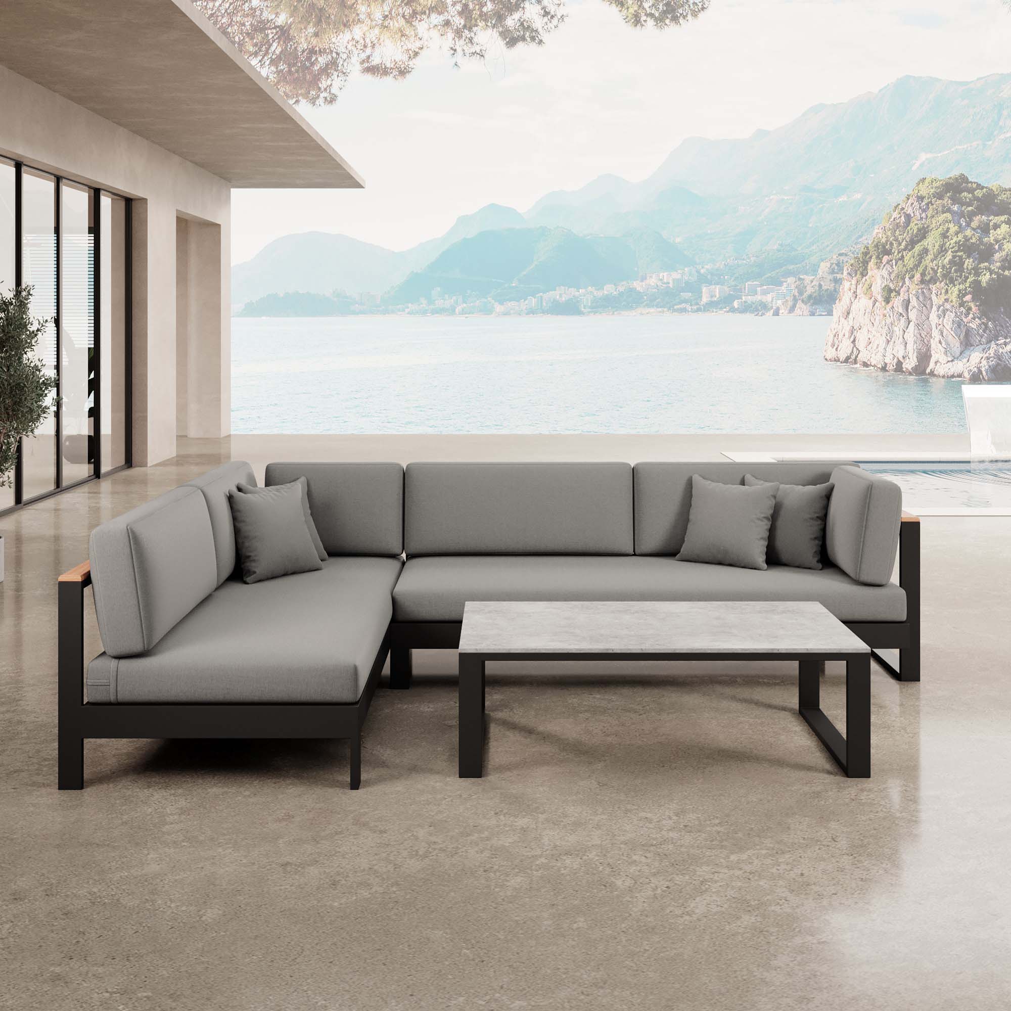 Vayla – Ecklounge, hoekbank & tafel van zwart aluminium | Aevora™ Kollektion