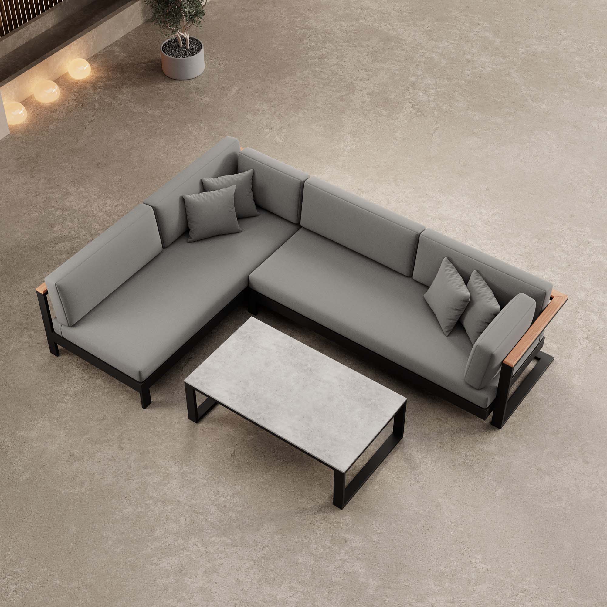 Vayla – Ecklounge, hoekbank & tafel van zwart aluminium | Aevora™ Kollektion