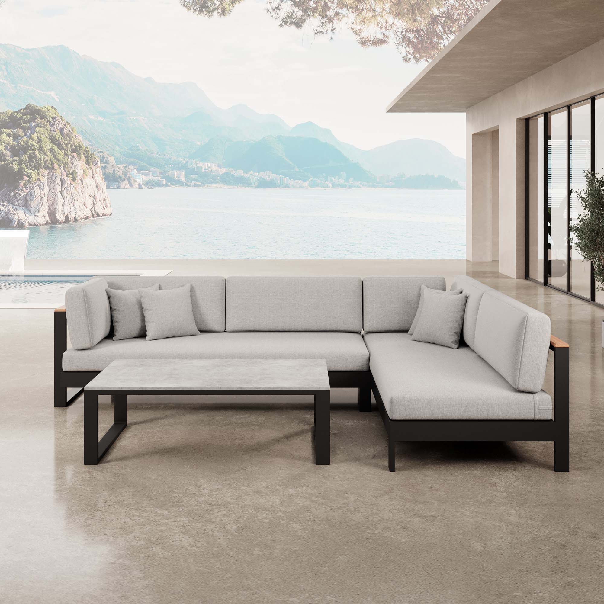 Vayla – Ecklounge, hoekbank & tafel van zwart aluminium | Aevora™ Kollektion